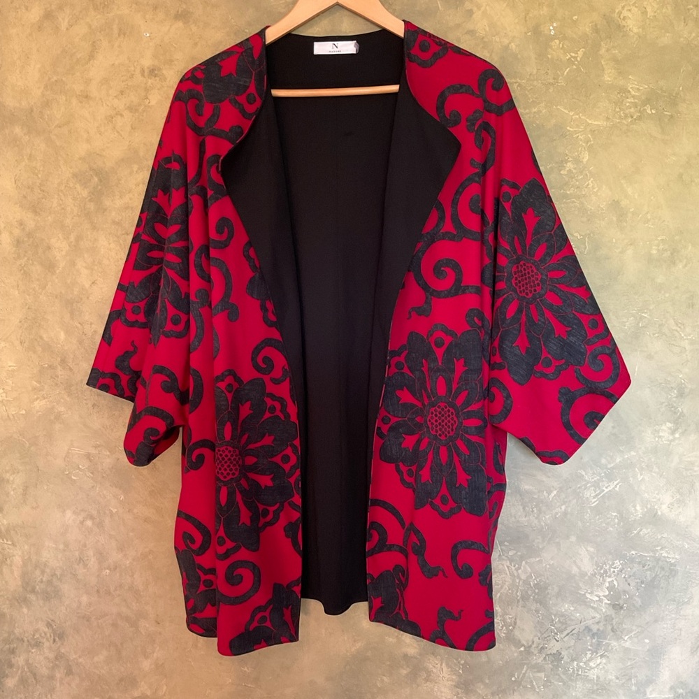 Natori | Abstract Floral Kimono Jacket | Heathered Lagenlook Topper | L
